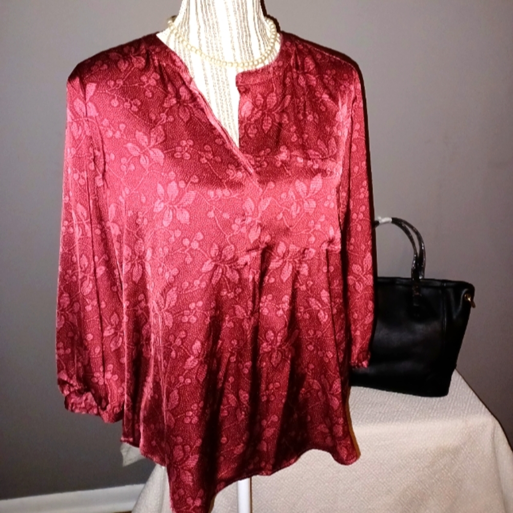 Liz satin 3/4 sleeves burgundy blouse, size PL